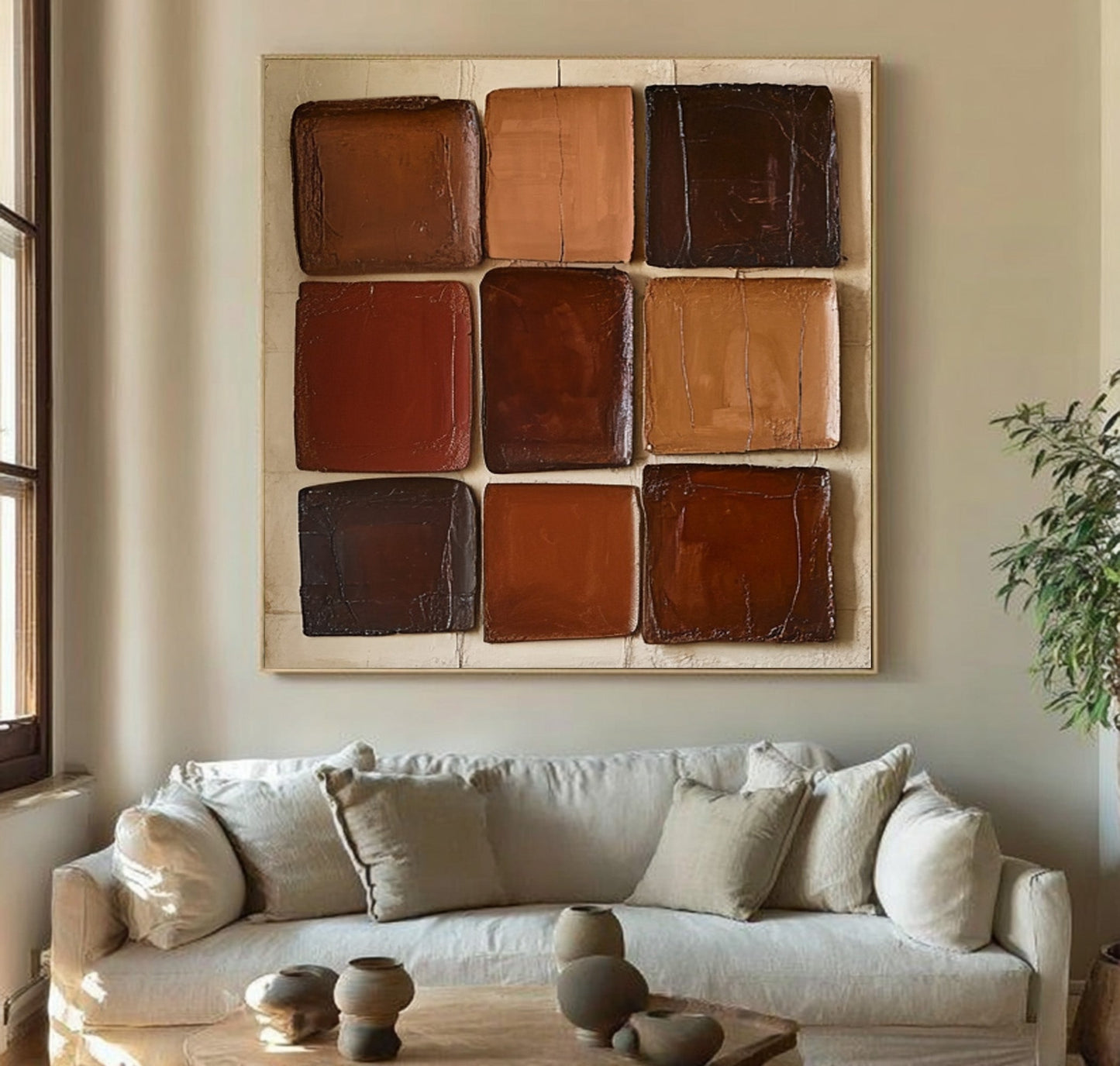 Caramel Nine-Block Textured Abstract Painting