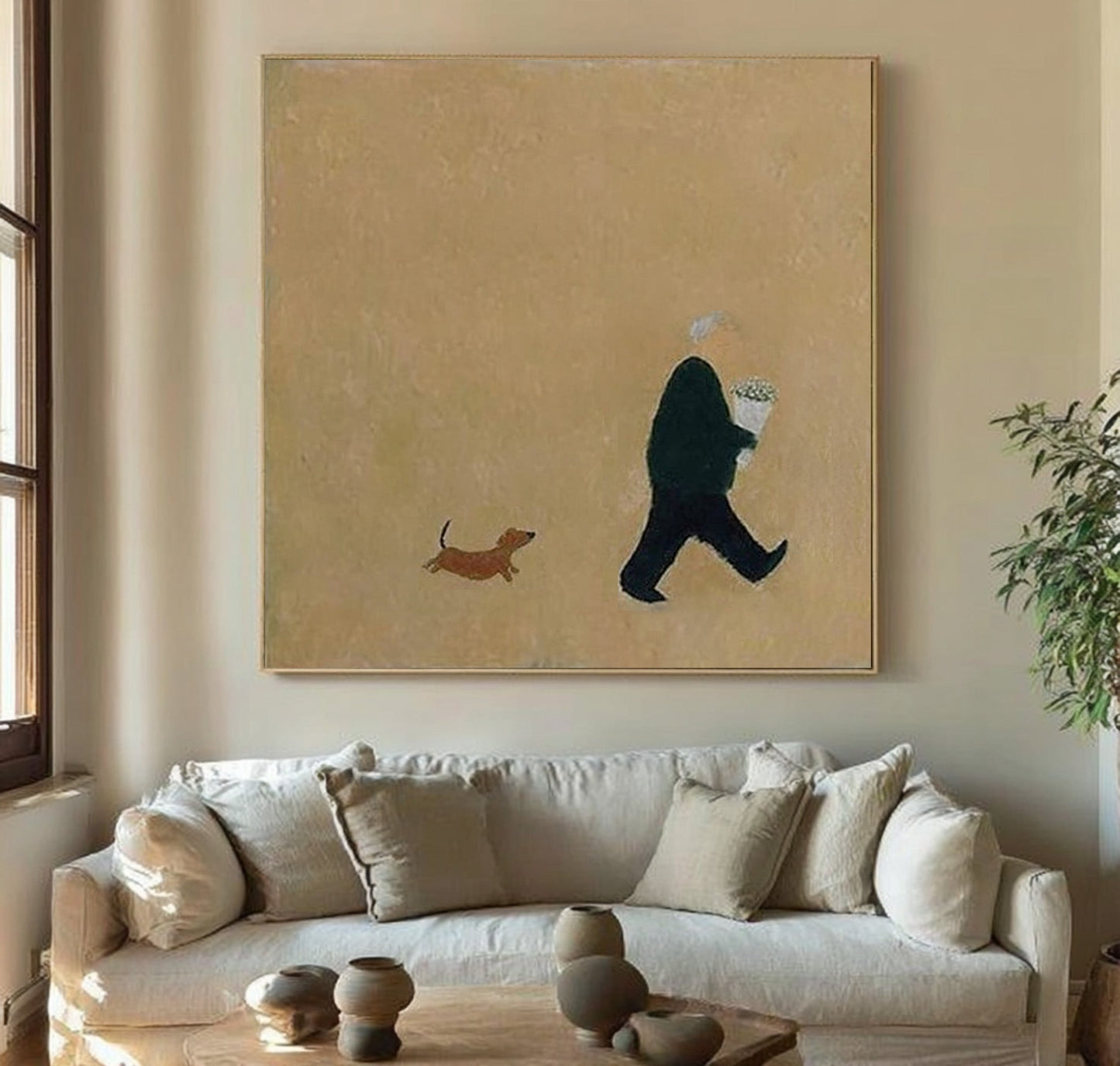 Dachshund Walk & Bouquet Minimalist Painting