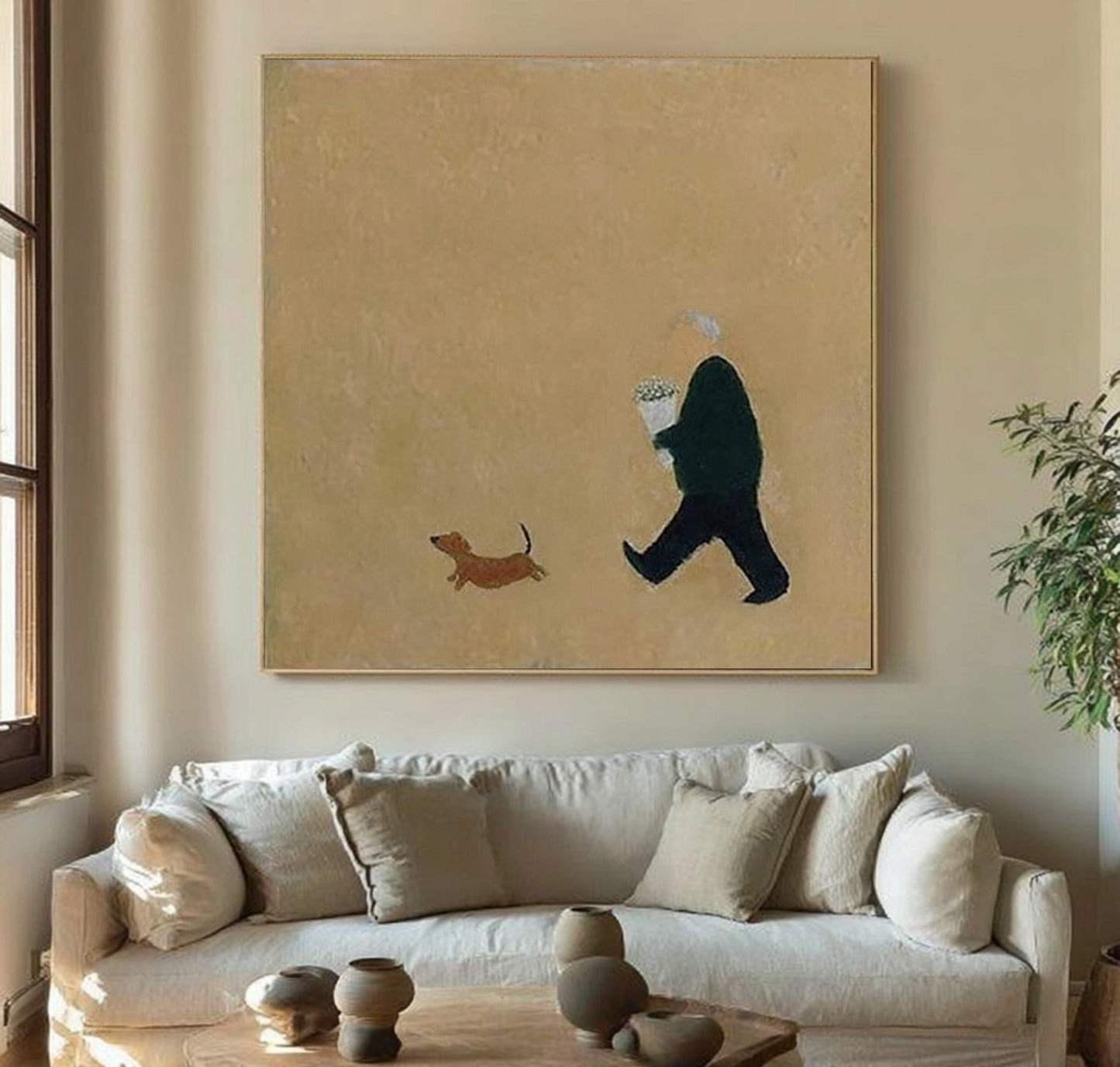 Bouquet & Little Dog Minimalist Painting