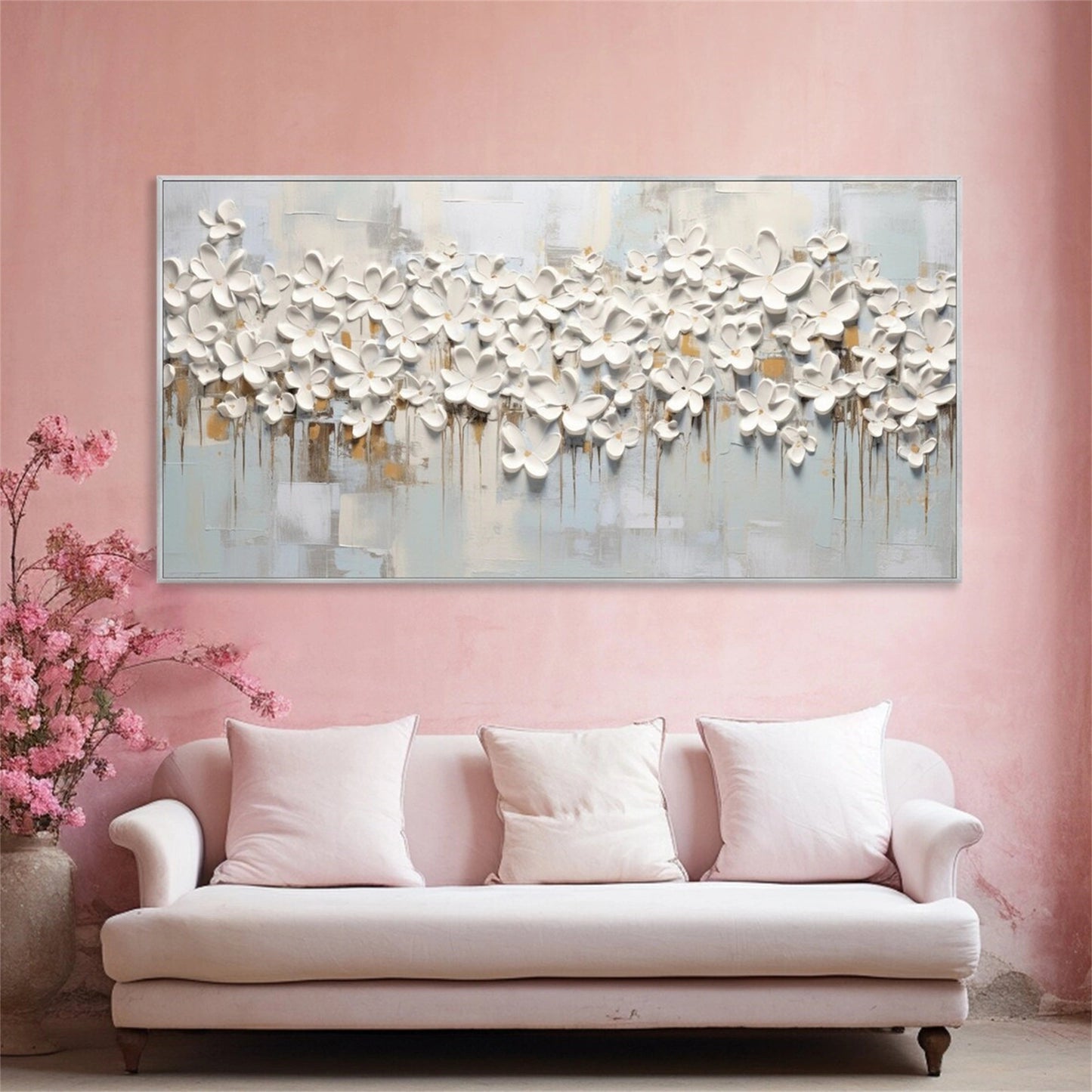 Soft Petal Drift White Floral Abstract Painting