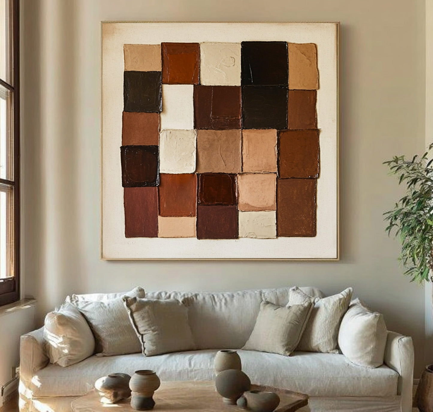 Mocha Patchwork Geometric Abstract Painting