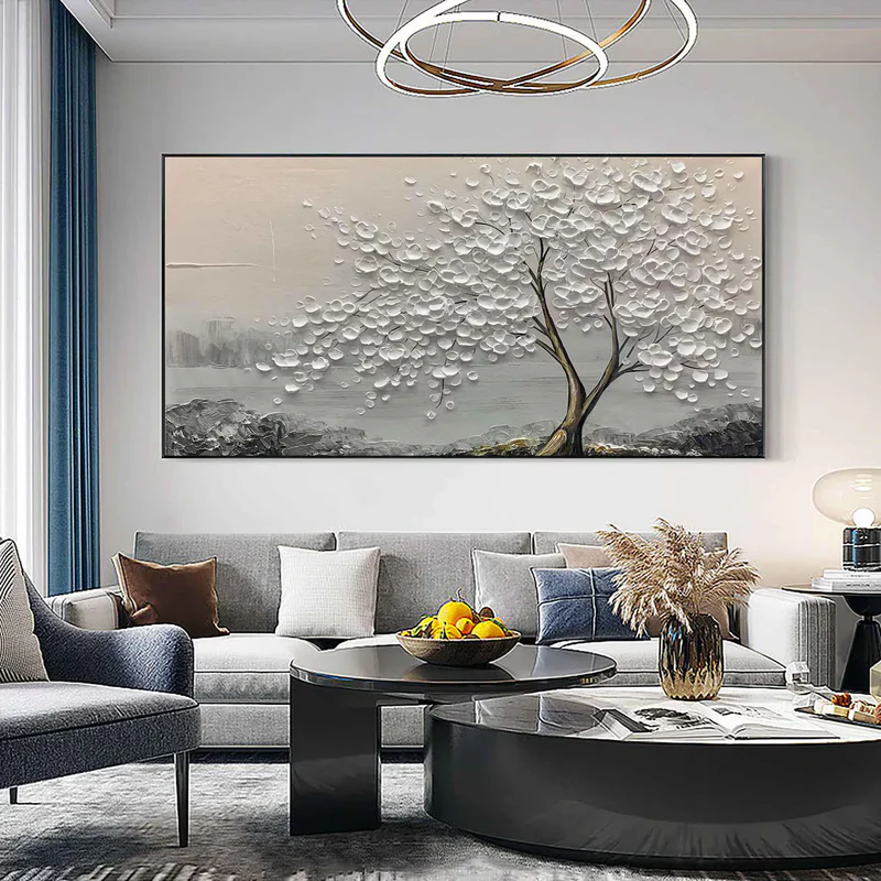 Whispering White Blossom Textured Painting