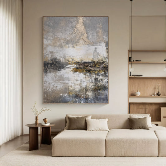 Abstract Gold Landscape – Textured Black & White Painting