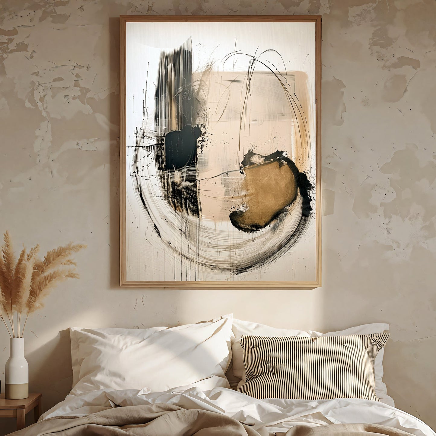Bold Abstract Movement – Black & Gold Textured Painting