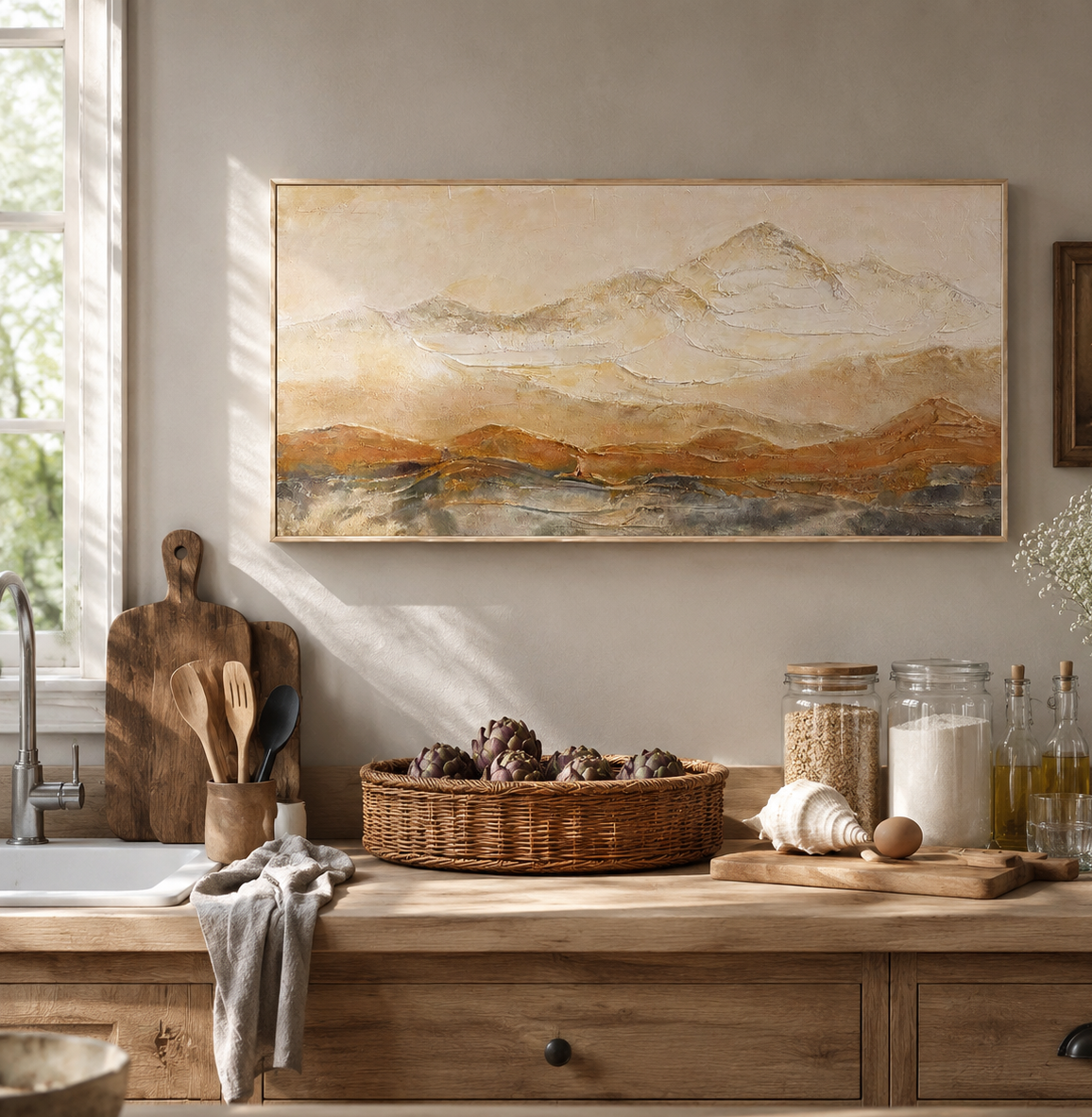 Golden Mist Mountain Textured Painting