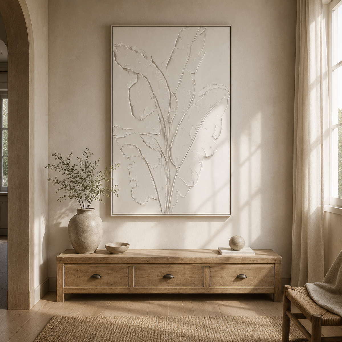 Ivory Whisper Leaves Abstract Painting