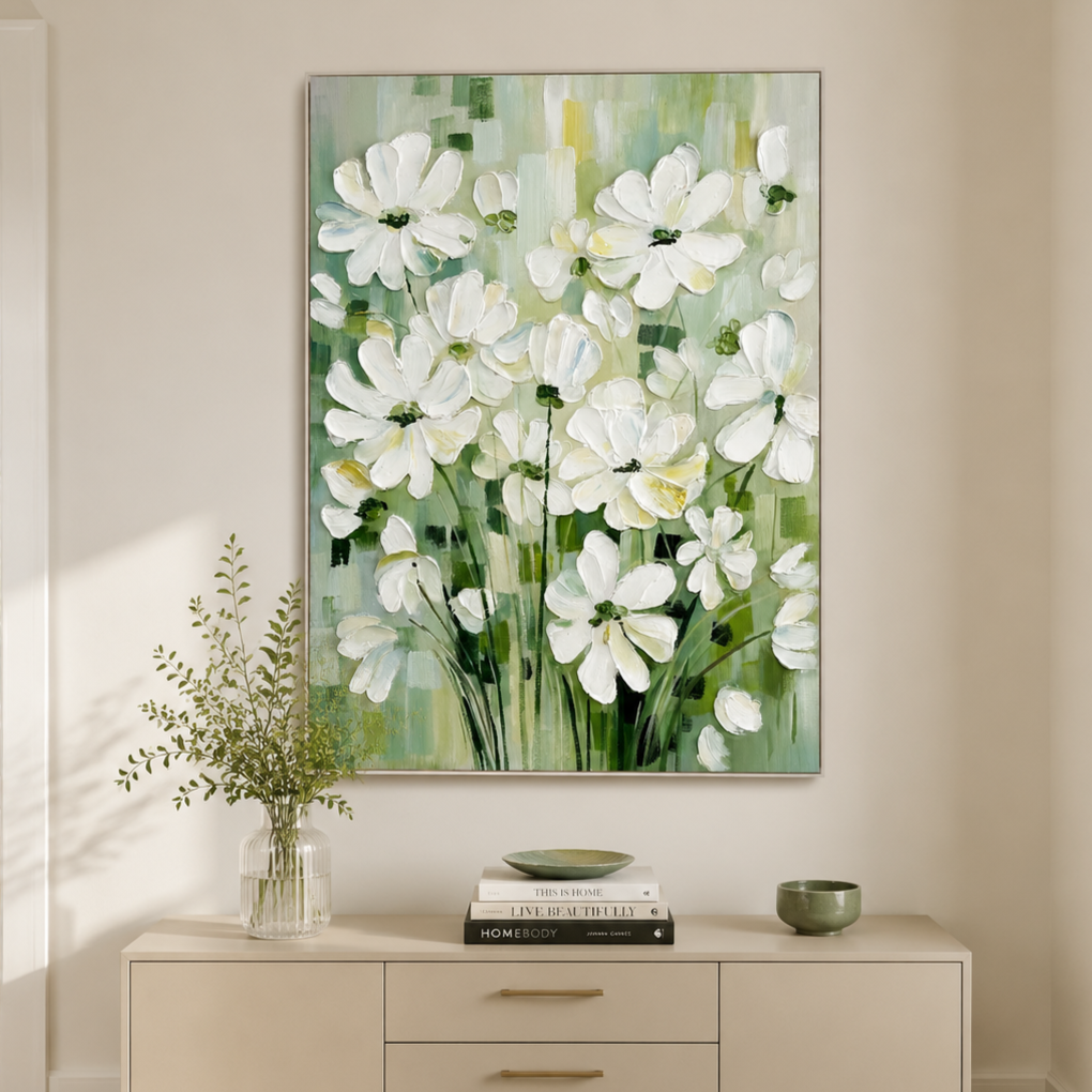Soft Meadow White Blossoms Abstract Painting