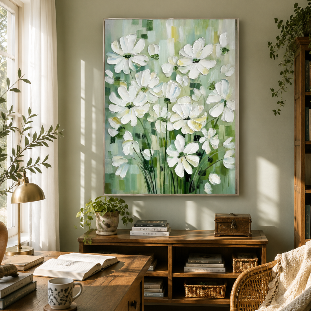 Soft Meadow White Blossoms Abstract Painting