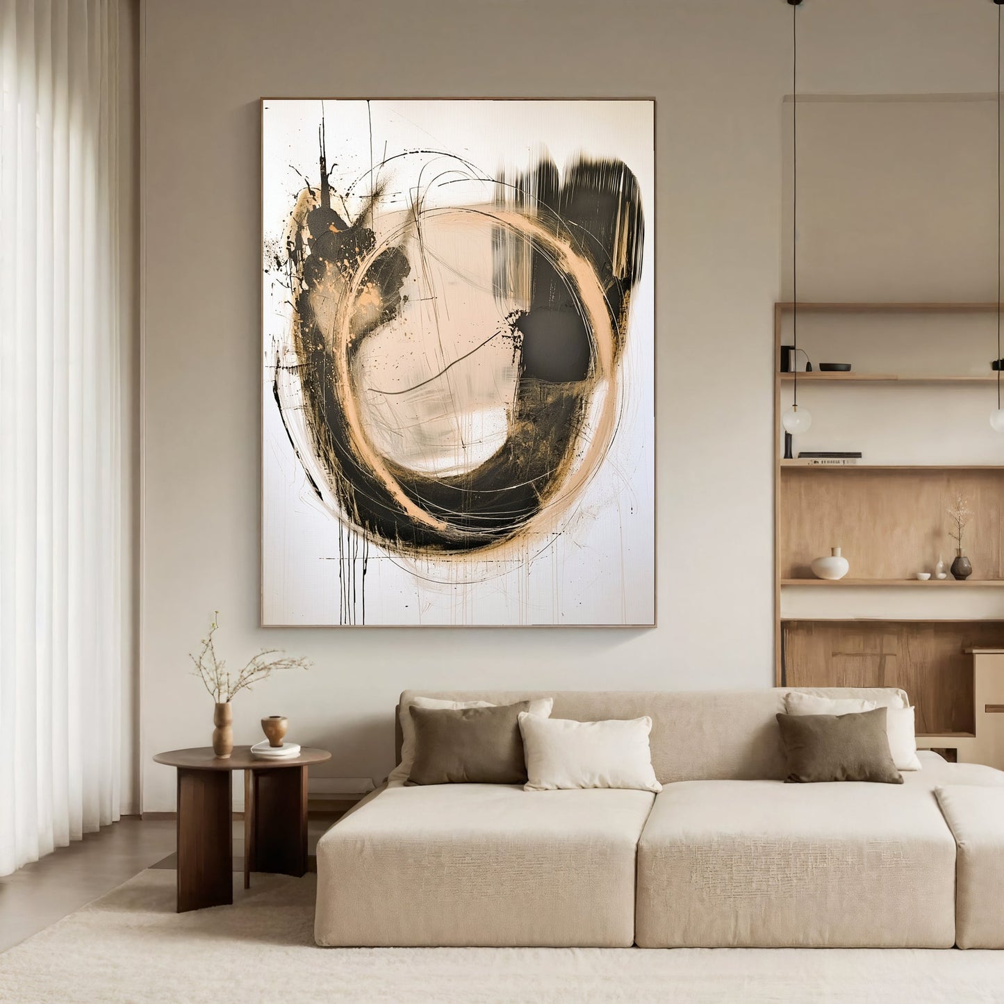 Dynamic Abstract Circle – Black & Gold Textured Painting