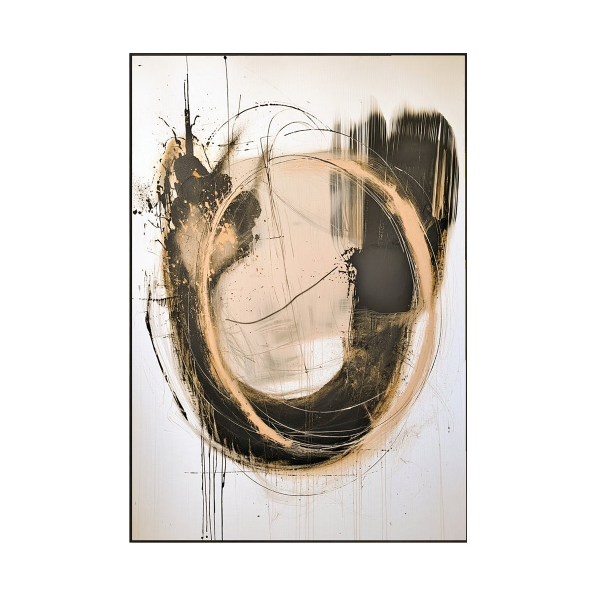 Dynamic Abstract Circle – Black & Gold Textured Painting