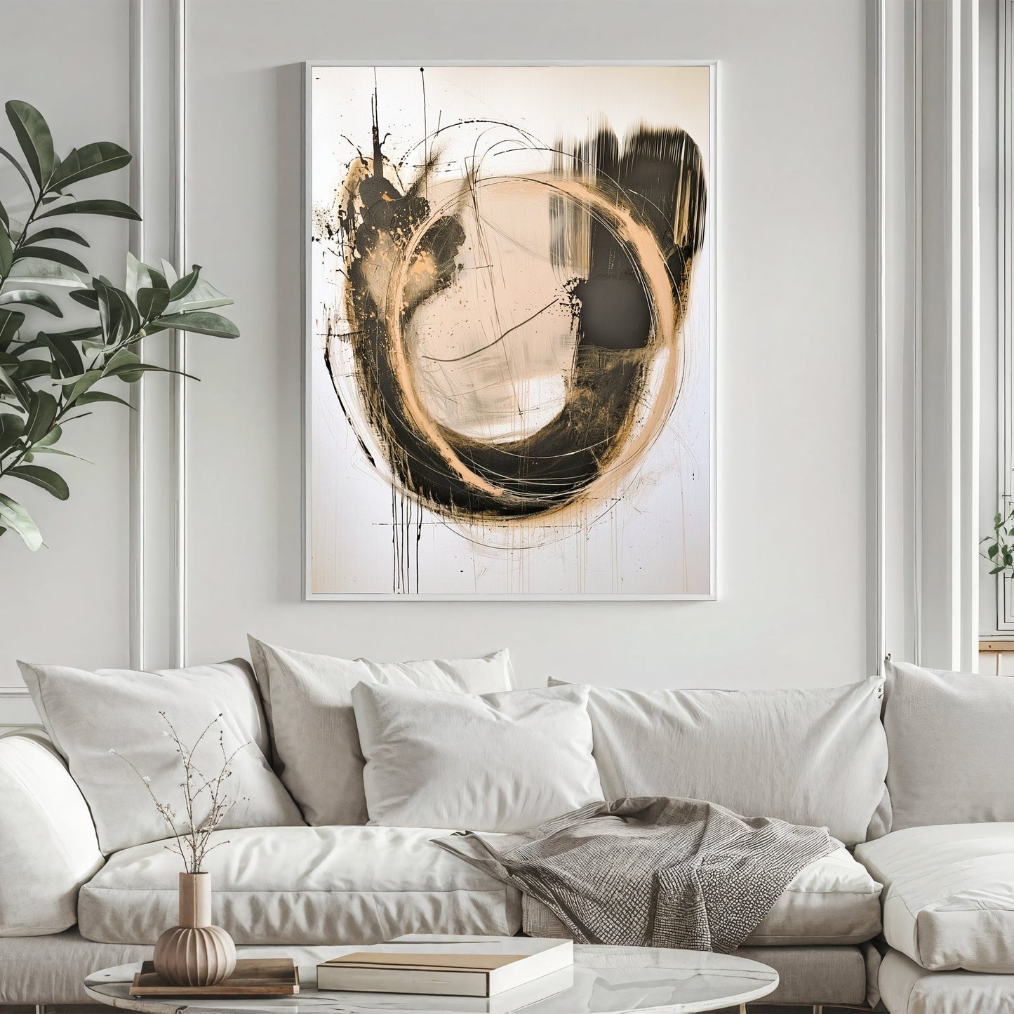 Dynamic Abstract Circle – Black & Gold Textured Painting