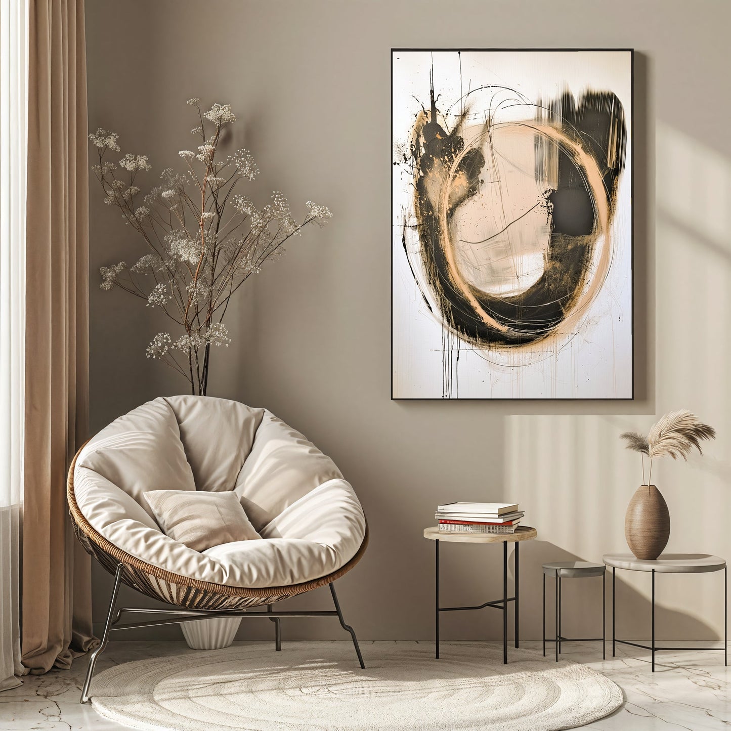 Dynamic Abstract Circle – Black & Gold Textured Painting