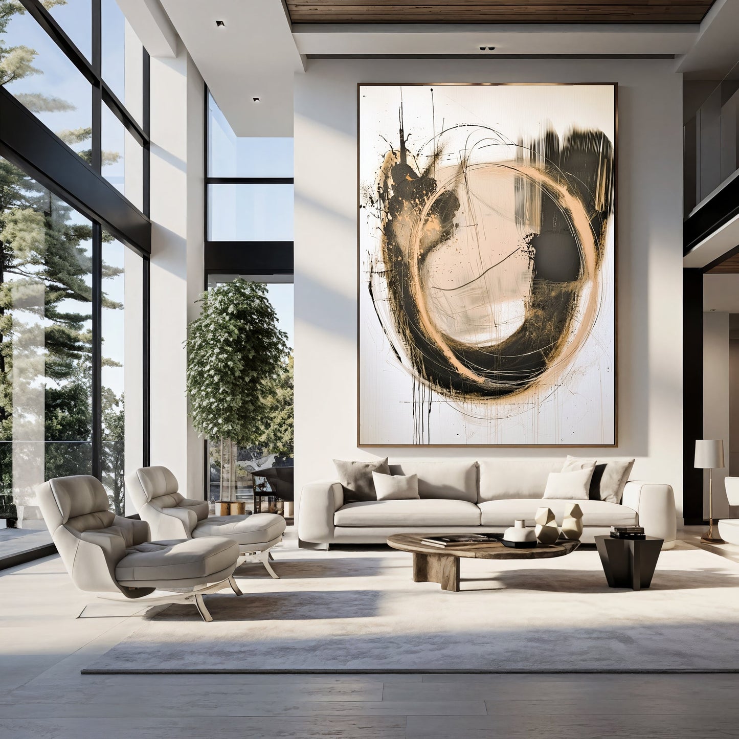 Dynamic Abstract Circle – Black & Gold Textured Painting