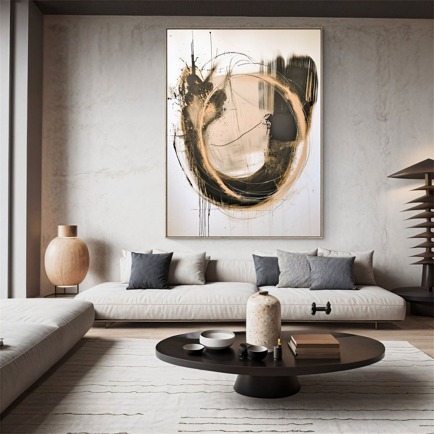 Dynamic Abstract Circle – Black & Gold Textured Painting