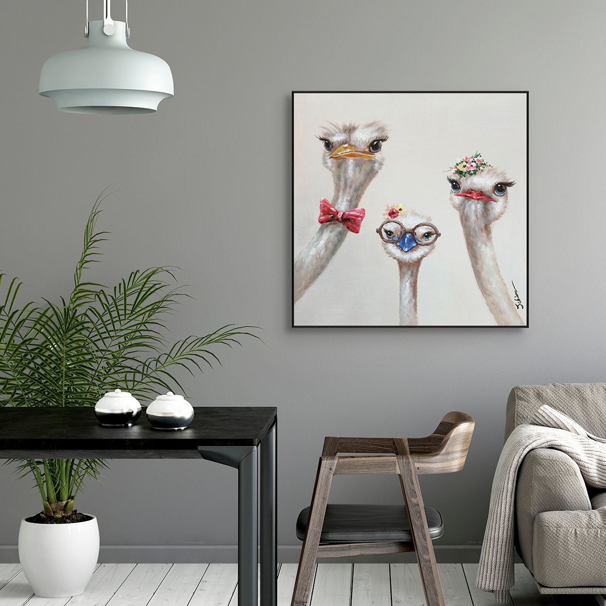 Quirky Ostrich Trio Portrait Painting #H0592