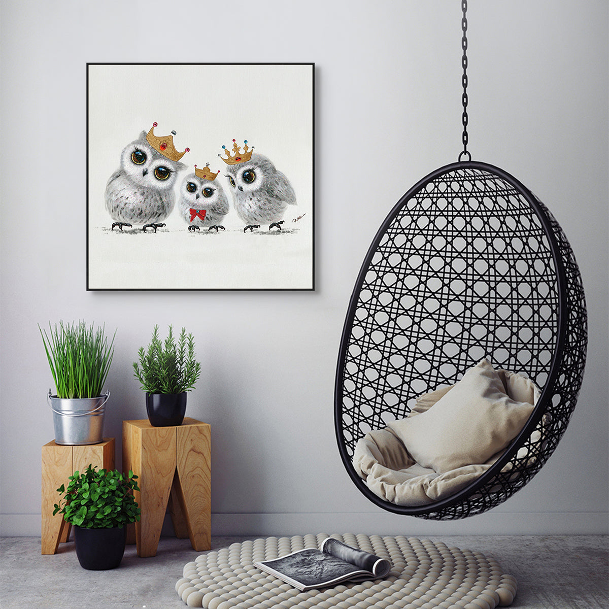 Royal Owl Family Portrait Painting #H3613