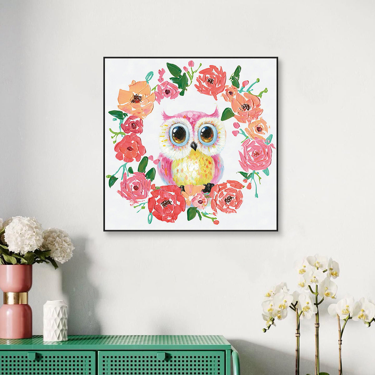 Blooming Owl Floral Circle Painting #H3620