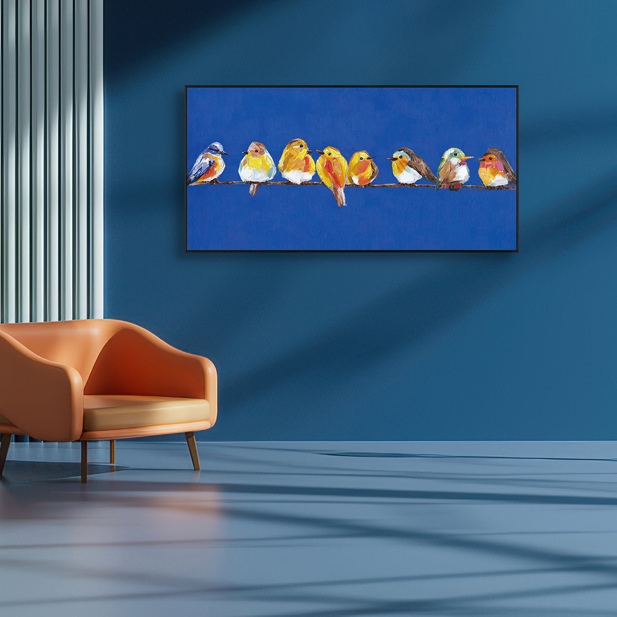 Colorful Chorus Birds on Blue Painting #I3635