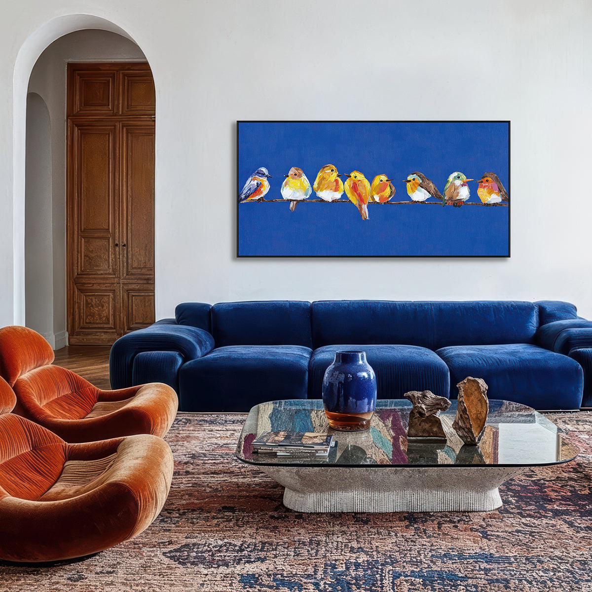 Colorful Chorus Birds on Blue Painting #I3635