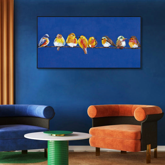 Colorful Chorus Birds on Blue Painting #I3635