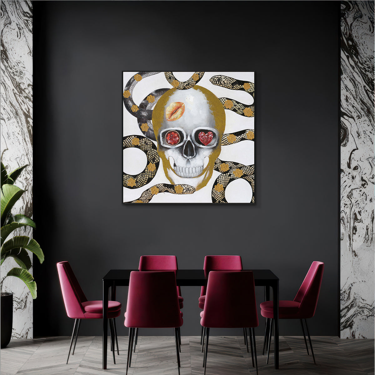 Golden Skull Snake Art Painting #J2565