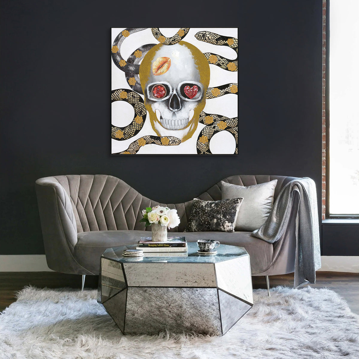 Golden Skull Snake Art Painting #J2565