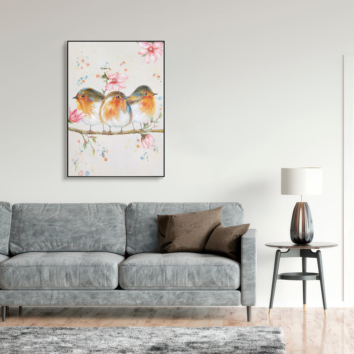 Spring Companions Three Birds Floral Painting #J2626
