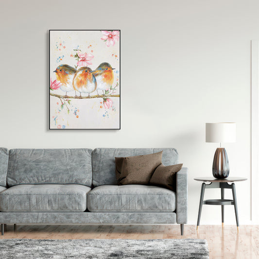 Spring Companions Three Birds Floral Painting #J2626