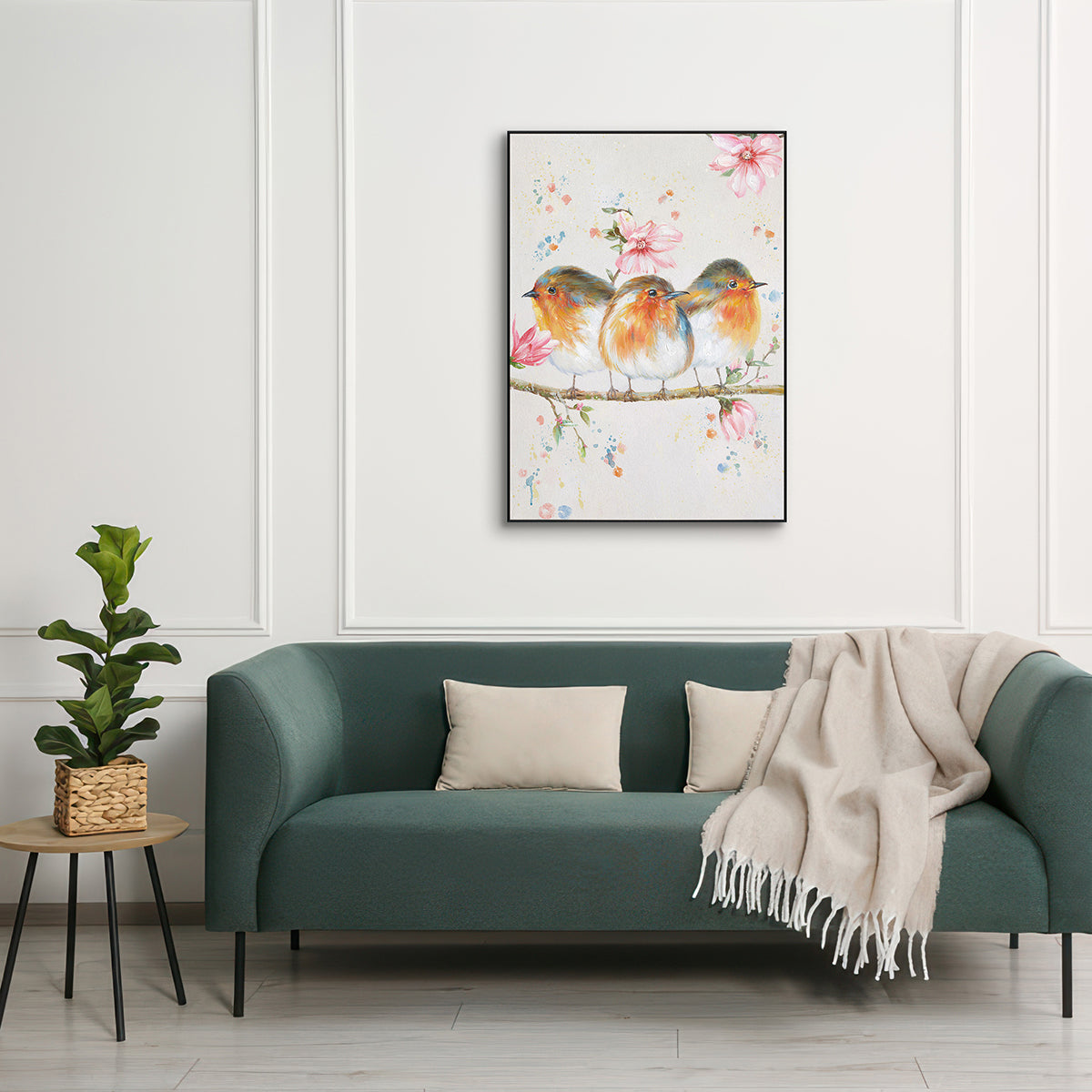 Spring Companions Three Birds Floral Painting #J2626