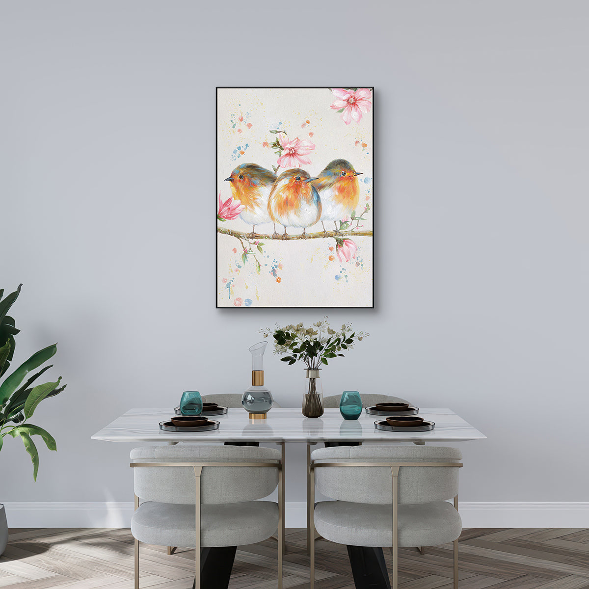 Spring Companions Three Birds Floral Painting #J2626