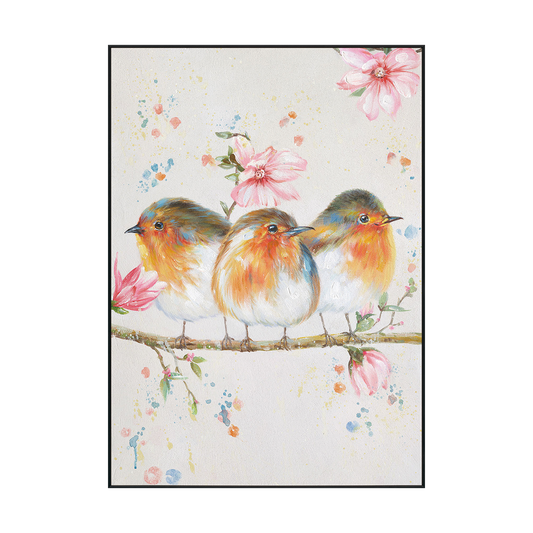 Spring Companions Three Birds Floral Painting #J2626