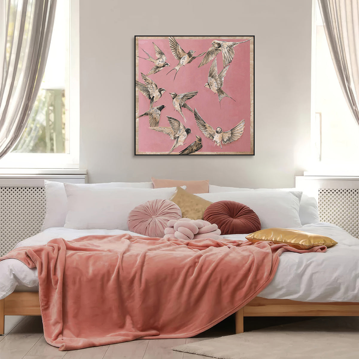Swallows in Flight Pink Painting #J3555