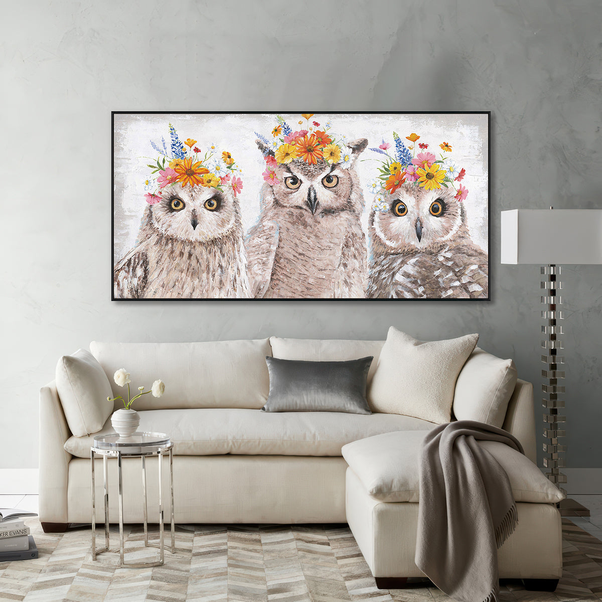Floral Crown Owls Painting #J3583