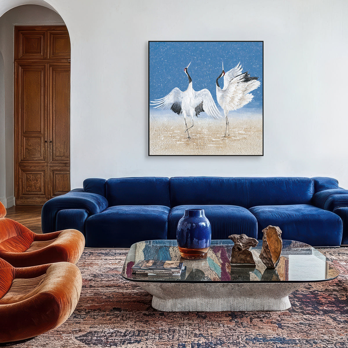 Dancing Cranes Blue Abstract Painting #J3616