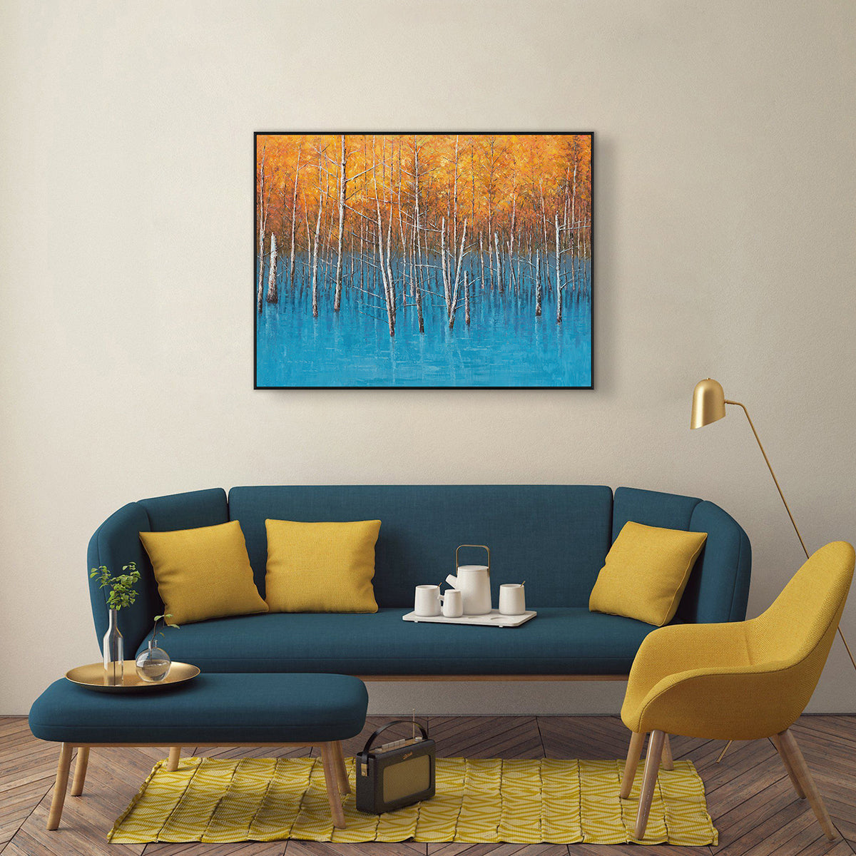 Autumn Reflections Blue Lake Forest Painting #J4010