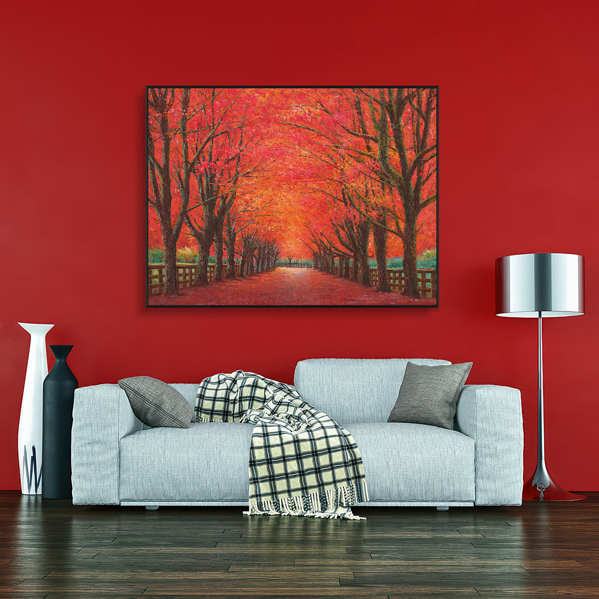 Crimson Path Autumn Forest Painting #J4017
