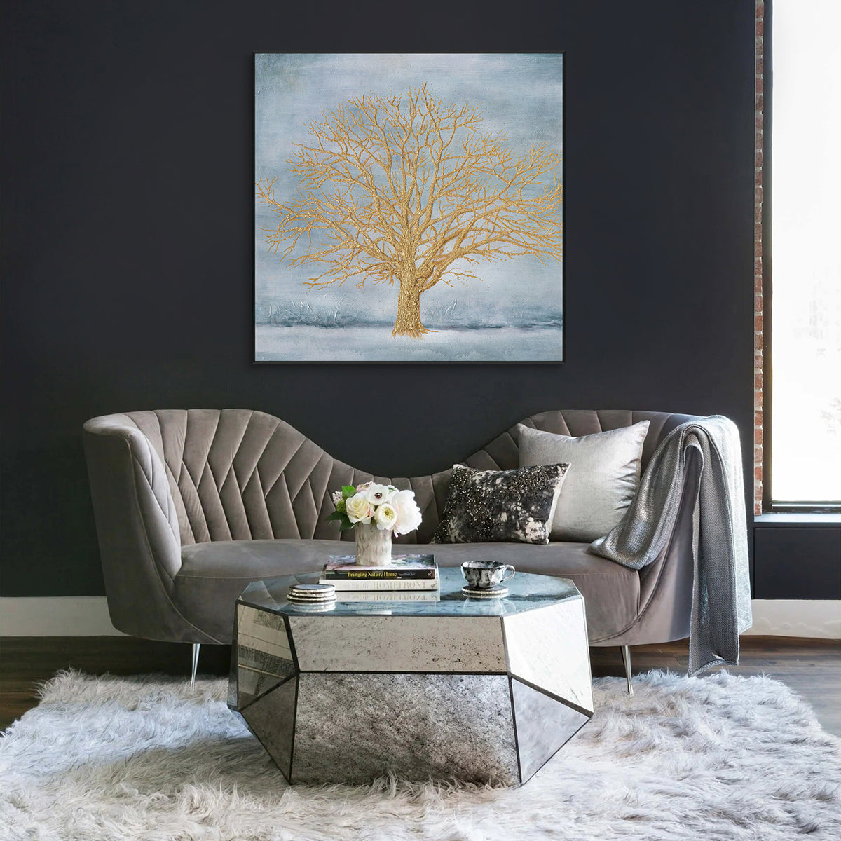 Golden Tree Blue Abstract Painting J4030