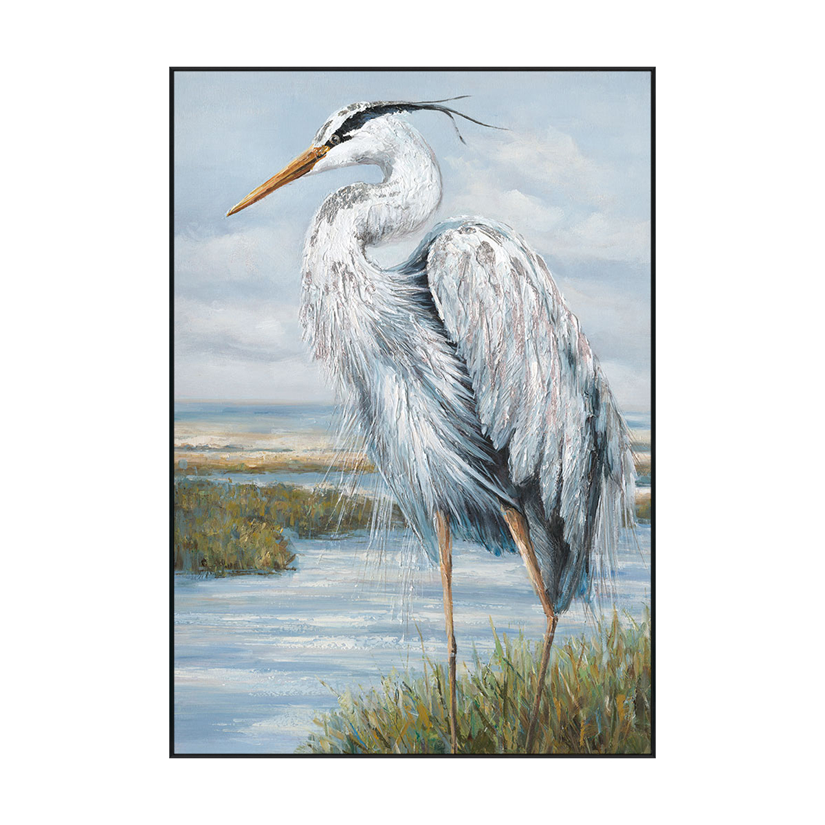 Silver Serenity Heron Bird Painting #K3702