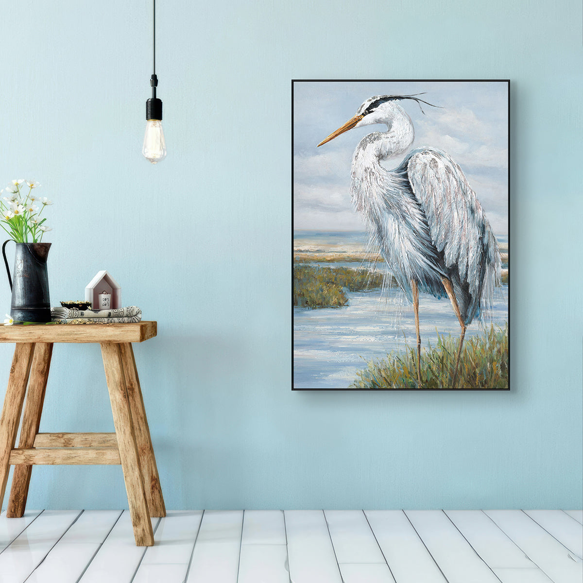 Silver Serenity Heron Bird Painting #K3702