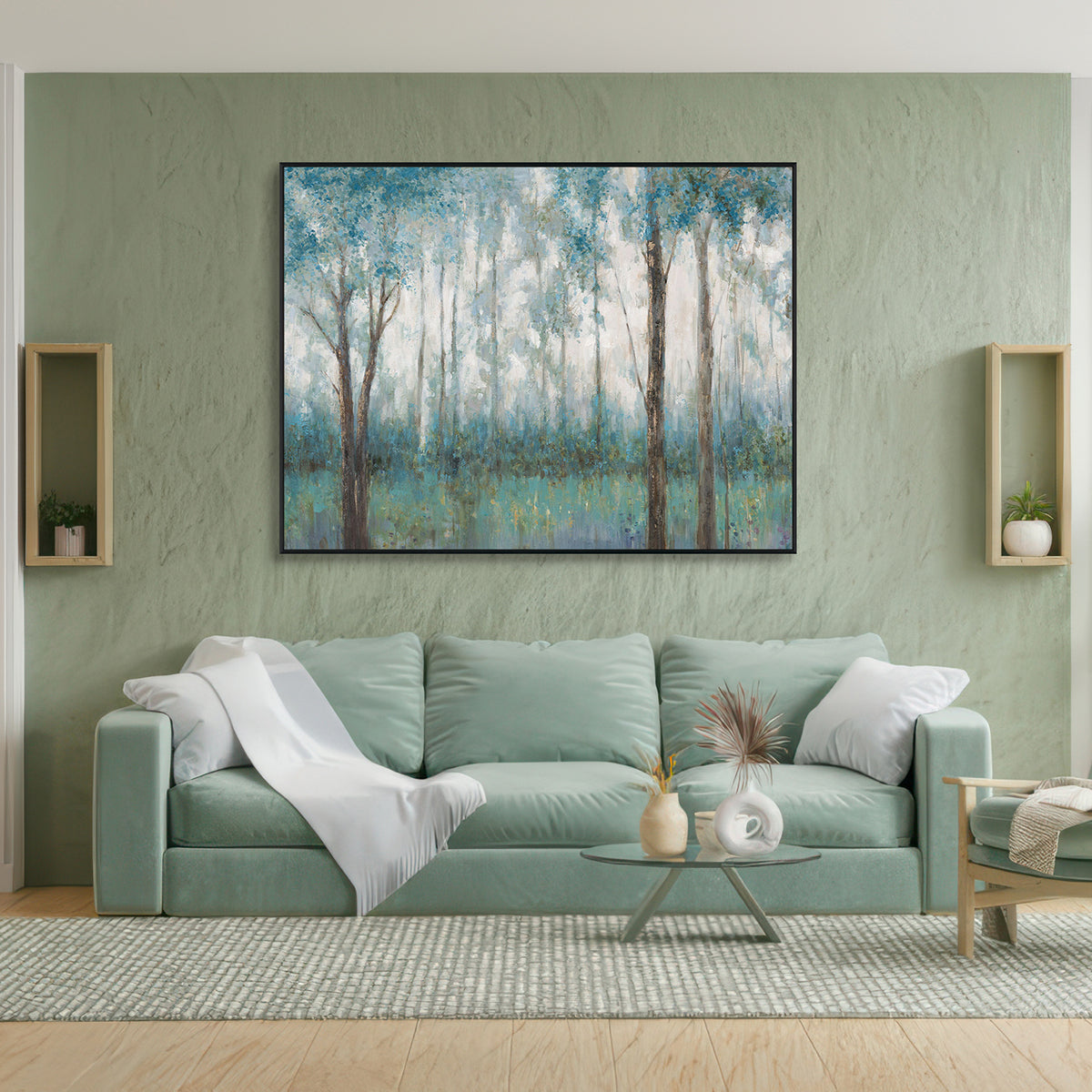 Tranquil Haze Blue Forest Landscape Painting #K3738