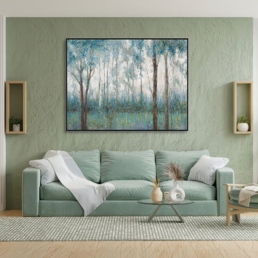 Tranquil Haze Blue Forest Landscape Painting #K3738
