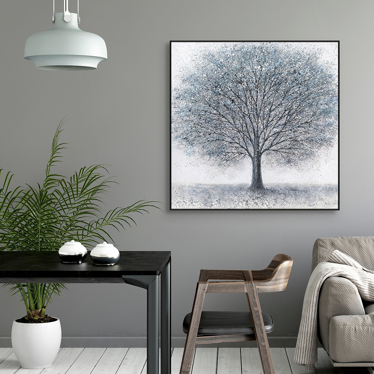 Winter Serenity Blue Abstract Tree Painting #K4109
