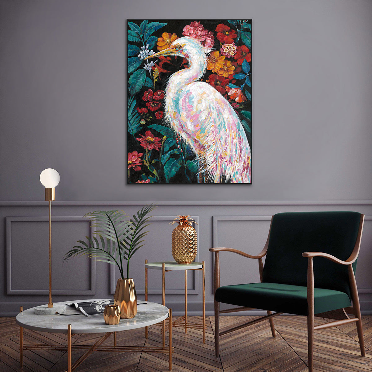 Floral Majesty White Heron Painting #K5183