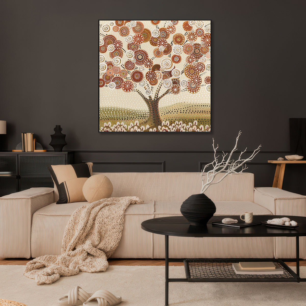 Golden Bloom Abstract Dotted Tree Painting #L2597