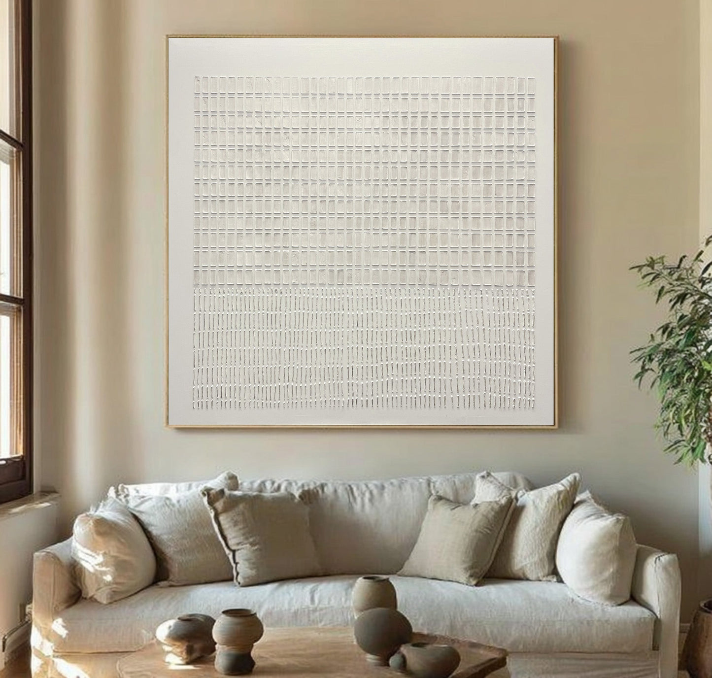 Moonlit White Relief Grid Abstract Painting