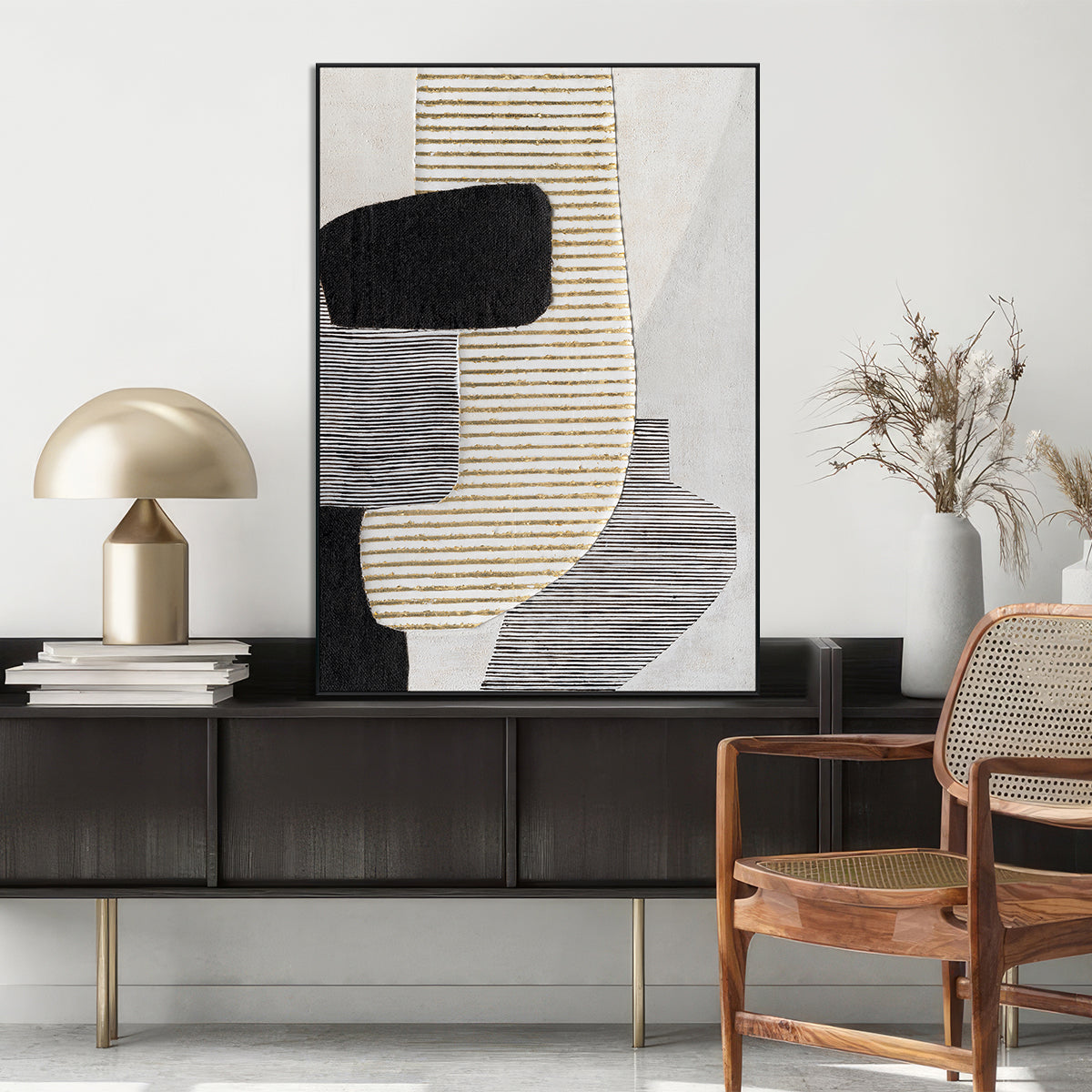 Striped Geometry Black White Gold Abstract #M2517