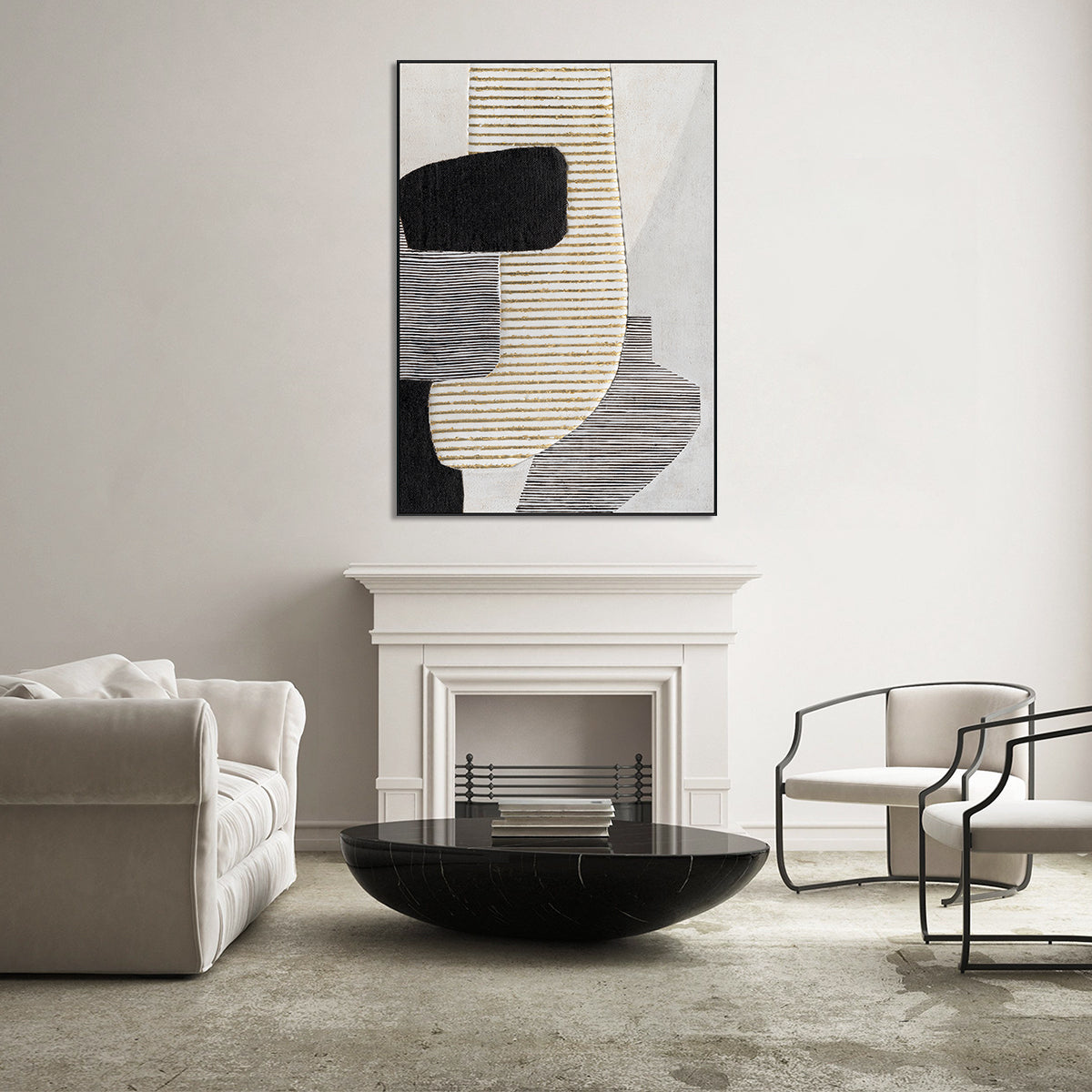 Striped Geometry Black White Gold Abstract #M2517