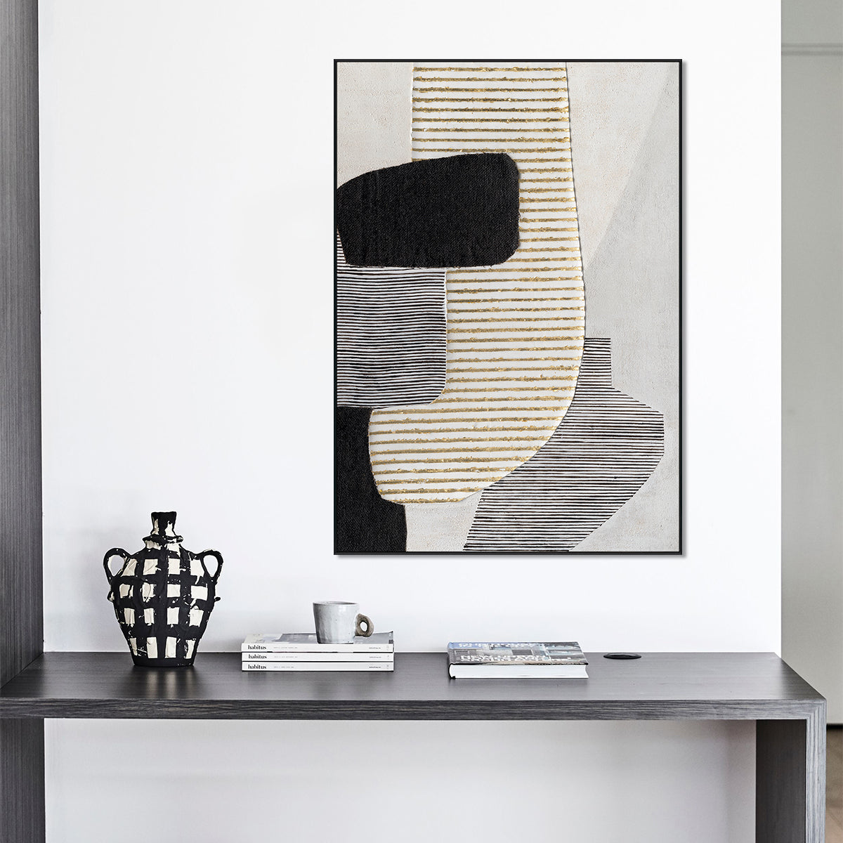 Striped Geometry Black White Gold Abstract #M2517