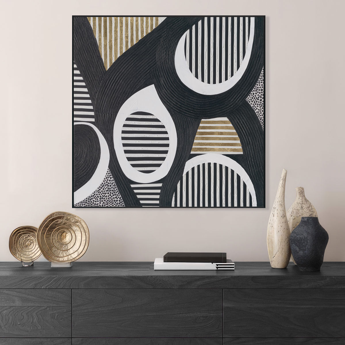 Rhythm Circles Black White Gold Abstract #M2627