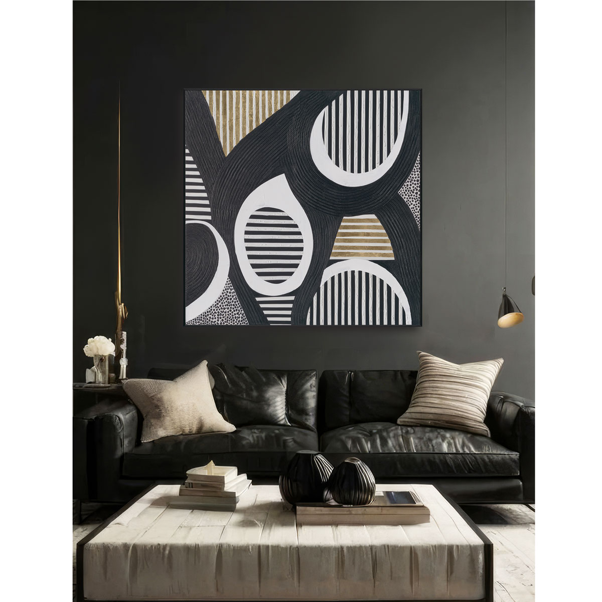 Rhythm Circles Black White Gold Abstract #M2627